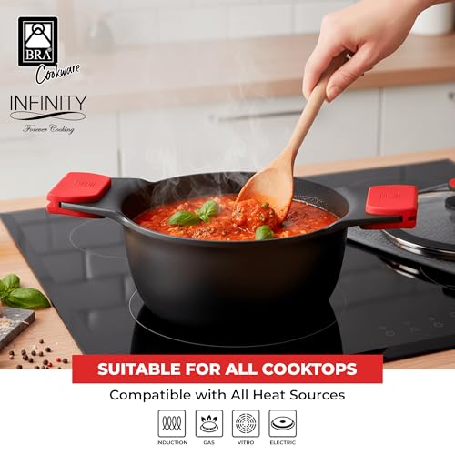 Image of BRA COOKWARE Infinity Nonstick Stock Pot w /Glass Lid | 9.5 Inch 3.8 Quart Cast Aluminum Cooking Pot | PFOA /PFAS Free Deep Pot | All Cooktops (incl Induction) | Removable Silicone Handle