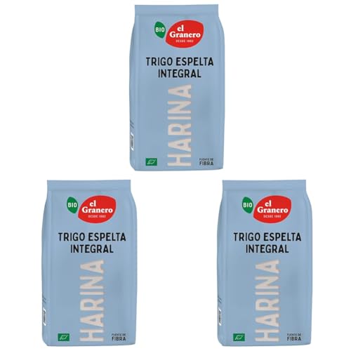 El Granero Integral - Harina Ecológica de Trigo Espelta Integral de 1 kg - Sin Azúcar Añadido - Alto Contenido en Carbohidratos y Fitonutrientes - Indicada para Elaborar Galletas o Pan (Paquete de 3)