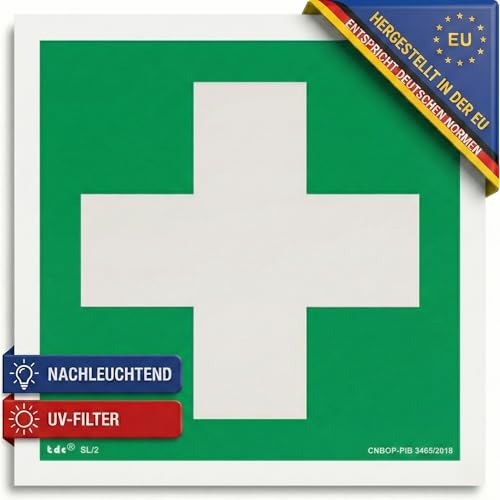 notlok Safety Work - Erste Hilfe Schilder - Weißes Kreuz [ 15 x 15 cm ] | Nachleuchtende Kunststoffplatte + Aufkleber für einfache Montage | DIN EN ISO 7010 | Aufkleber Medizin, Hinweisschilder