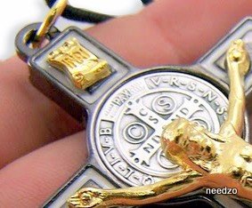 LM Black Enamel Gold Tone Saint Benedict Icon Cross Crucifix Pendant, 3 Inch