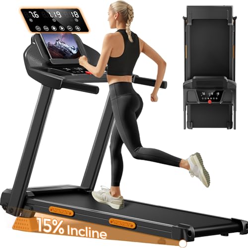 Běžecký pás UMAY pro domácnost skládací 14 km/h, běžecké pásy 3,0 PS/2 200 W s monitorem srdečního tepu, aplikací a reproduktorem, běžecký pás pro domácnost s 12 tréninkovými programy, maximální zatížení 136 kg, odpružený běžecký pás