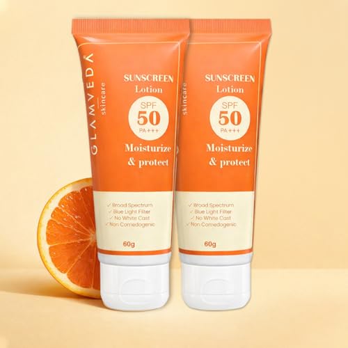 Image of Glamveda Hybrid Sunscreen Lotion Spf 50 PA+++ for Moisturize & Protect | Transparent & Ultra-lightweight Sunscreen | Non-Greasy, Quick-Absorbing | Zero White Cast | For Women & Men | 60ml Pack of 2