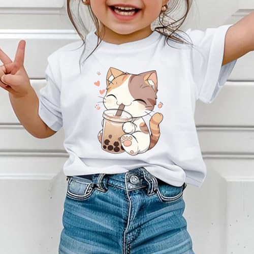 Image of KEEVICI Cute Cat Shirts for Girls Graphic Tees Bubble Tea Tshirt Kids Kawaii Cartoon Animal Print T Shirt Summer Cotton Tops