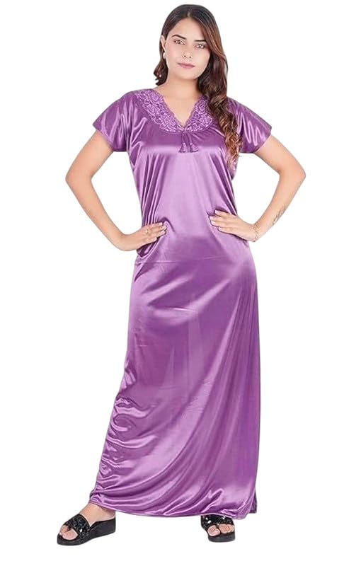 Women's Round Neck Satin Blend Purple Nighty Nightgown Maxi-picture-36