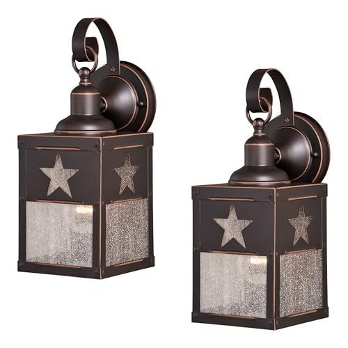 Image of VAXCEL 2-Pack Ranger 13 in. H 1-Light Burnished Bronze Rustic Star Outdoor Wall Sconce Made of Durable Steel, Clear Seeded Glass Shade, LED Compatible, Porch Patio Front Door or Garage