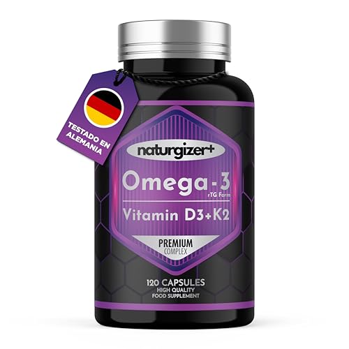 Naturgizer+ Omega 3 rTG 1000mg con Vitamina D3 + K2 MK7-120 Cápsulas (Suministro 2 Meses) - Alta Potencia 600mg EPA y 400mg DHA - Apoyo Triple para Corazón, Cerebro y Huesos - Máxima Pureza y Absorc