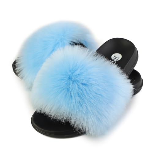 Image of Women's Faux Fur Slides, Open Toe Cute Fur Slippers, Indoor or Outdoor Comfortable Furry Slide Sandals With Fluffy Fur