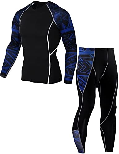Wyeysyt Men Workout Compression Set Skin-Tight Pants and Long Sleeve Shirt Base Layer Top & Bottom Fitness Tracksuit Gym Suit(Blue-M)