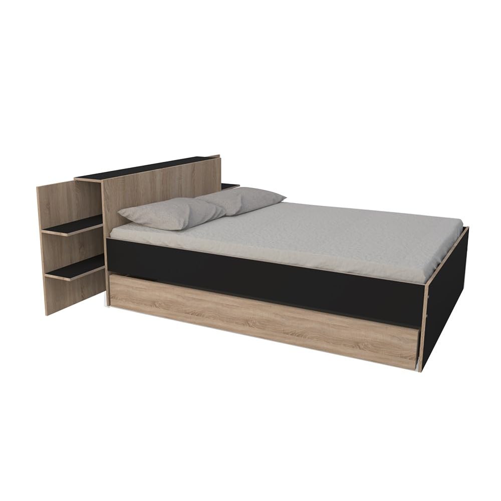 WEBER INDUSTRIES Lit City 140x190 + tête de lit Chevet+ 1 tiroir/Décor Noir & chêne Blanchi