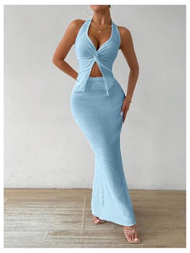Image of SOLY HUX Women's Two Piece Outfits Twist Front Halter Cami Tops and Skirt Summer Set