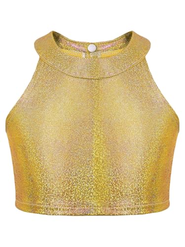 Girls Sparkle Hip Hop Dance Tank Top Metallic Sleeveless Halter Neck Tee Vest for Kids Tumbling Top
