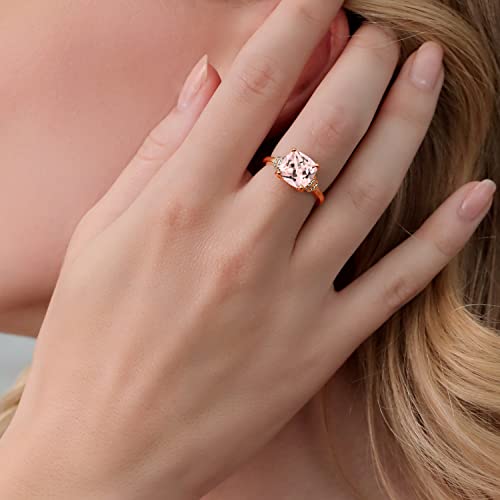 Gem Stone King 18K Rose Gold Plated Silver Gemstone Birthstone Ring For Women | Cushion 10MM | Wedding Anniversary Engagement Promise Ring | Available In Size 5, 6, 7, 8, 93
