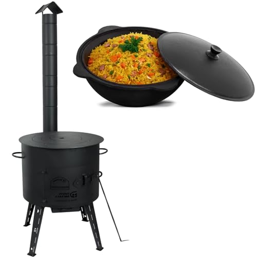 Utschak Ø40 Uchag 2mm stahl 12 L Kazan Wok Eintopfofen mit Schornstein Abzugsrohr Utschag Feuerofen Campingofen Außenküche Ofen Grill Gulaschkanone Kasan Feuerstelle Feldküche Gusseisentopf