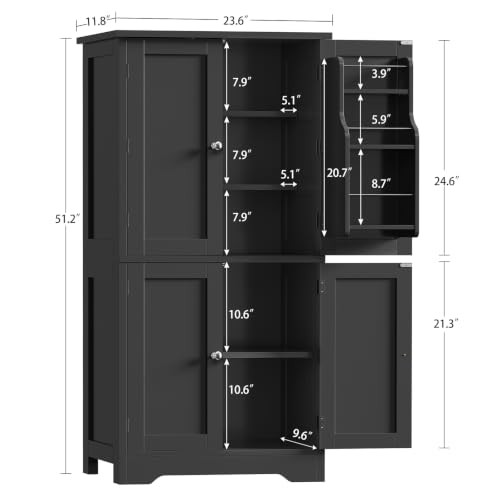 Image of TEENFON 51 inch H Pantry Cabinet with 4 Doors, Kitchen Cabinet with 6 Door Shelves, Kitchen Pantry for Living Room, Dining Room, Bathroom, Black