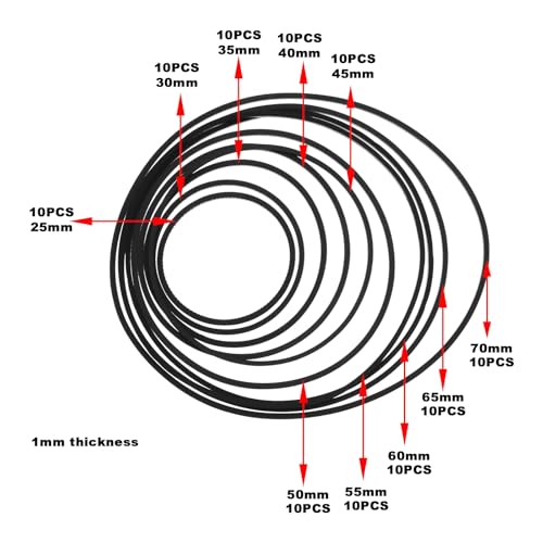 EMSea 100 Stück Gummi Antriebsriemen Schwarz für Recorder Gummiriemen 1mm Dick Gummi Übertragungsriemen für DVD Player Kassettenspieler CD-Player 25 mm bis 70 mm