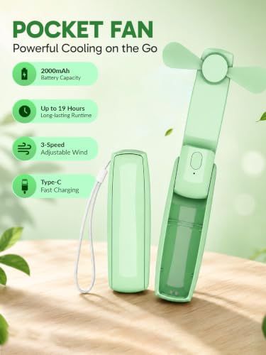 Image of EcoNour Pocket Fan, Green, Mini Handheld Personal Fan, 3-Speed Portable Cooling Fan for Travel, Office & Outdoor