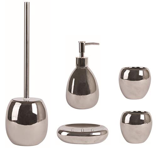 MSV Badezimmer Set, 5-teiliges Badzubehör aus Keramik Dakhla, Seifenspender, WC Bürste, Seifenschale und Zahnputzbecher Silber glänzend
