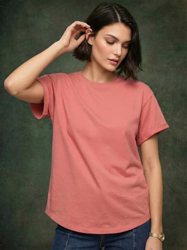 Image of JUNEBERRY Pure 100% Cotton Oversized Loose Fit Drop Shoulder Round Neck Boyfriend Fit Solid Half Sleeves T-Shirt for Women & Girls (Sizes: S to 2XL)