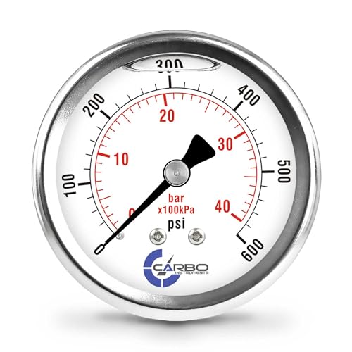 Image of 600 PSI Glycerin Liquid Filled Pressure Gauge, 2.5 inch Dial, 1 /4 NPT Back Mount, 304 Stainless Steel Case, Brass Wetted Parts, Dual Scale PSI /Bar - ASME B40.1 Grade A