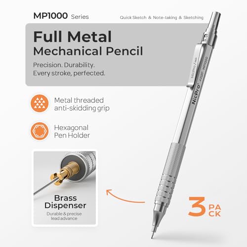 Image of Nicpro 0.5 Mechanical Pencil Set with Case, 3PCS MP1000 Metal Artist Pencil & 8 Tube HB Lead Refills 0.5mm, 3 Erasers,9 Eraser Refills For Architect Writing Drafting, Drawing, Engineering, Sketching