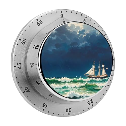 Timer da cucina meccanico a forma di barca a vela vintage Stormy Waves, timer a carica manuale da 60 minuti con base magnetica, timer rotanti manuali rotondi in acciaio inossidabile per riunioni, cu