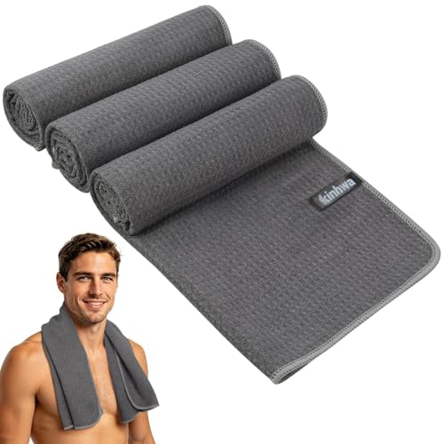 KinHwa Gym Towels for Sweat Absorbent Wicking Workout Towels Quick Dry and Compact Microfiber Sports Towel for Yoga, Fitness, Treadmill or Indoor Bike 16"x30" 3 Pack Gray