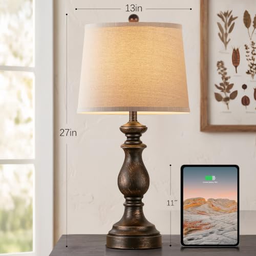 Image of PARTPHONER Traditional Table Lamp Set of 2, Rustic Farmhouse Table Lamps for Living Room Bedroom, 27 inch Bedside Desk Lamps Vintage Nightstand Lamps with Linen Shades, Oil Rubbed Bronze