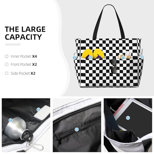 Black and white checkered Print Large Capacity Beach Tote Bag for Women, Waterproof Beach Travel Bag2