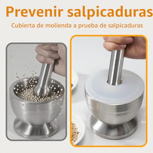Miniatura 7 de Sopito Mortero Y Mano, 18 8 Acero Inoxidable Mortero Cocina Juegos De Mortero Y Mano Para Pastillas Hierbas Especias Jengibre Ajo Patatas Y Más