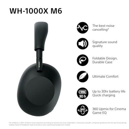Sony WH-1000XM6 Flagship Noise Cancelling Over-Ear Wireless Bluetooth Headphones, Signature Hi-Res Sound, Ultimate Comfort, Foldable Design, Durable Case, 30 HR Battery, iOS & Android - Black - Image 3