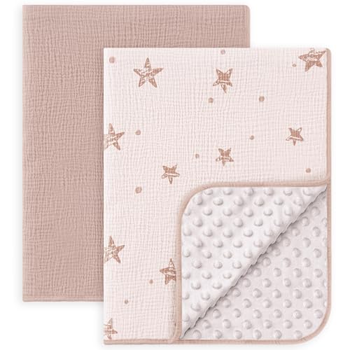 Image of Susurration Baby Blanket for Unisex Boys Girls, 2 Pack Soft Fluffy Crib Blankets with Muslin Cotton Front and Dotted Fleece Back, Receiving Blanket for Baby Newborn Infant, 30x40inch, Pink Star&Sand