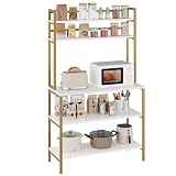 BOTLOG Bakers Rack with Storage, 5-Tier Free Standing Kitchen Shelves, Industrial Coffee Bar with Hutch, Microwave Oven Stand Countertop Organizer for Spice (White)