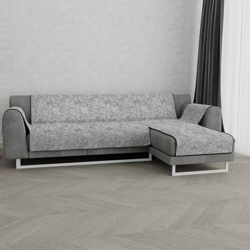Italian Bed Linen “ Glamour” Anti-Slip Sofa Cover with Chaise-Longue Right, Dark Grey, 190cm