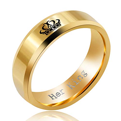 2pcs His Queen and Her King Couple Rings Set, Titanium Steel Matching Promise Wedding Engagement Band for Couples (Black, Gold)3