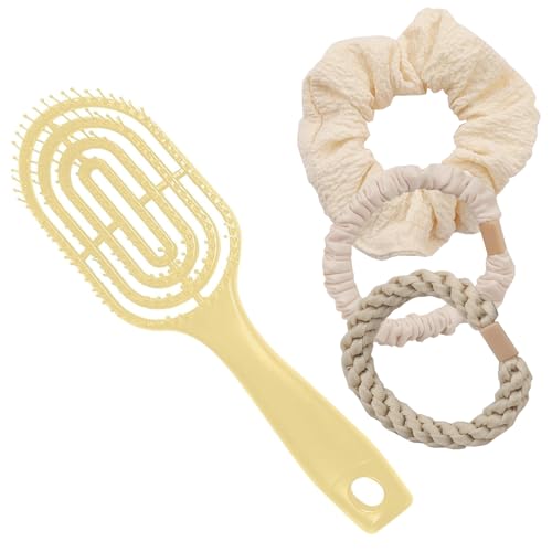 SNZ Cepillo Antitirones (con 3 Elásticos para el Pelo), Cepillo Desenredante Adecuado para Rizos y Pelo Largo para Mujeres, Hombres, Cepillo Desenredante sin Tirones, Cepillo Pelo, Amarillo claro