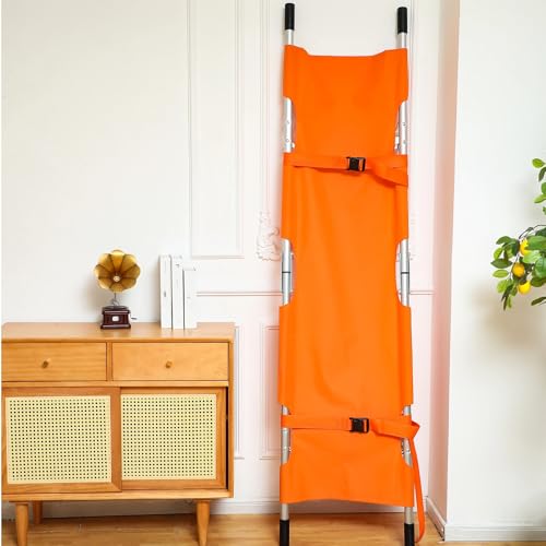Image of TrelaCo Folding Stretcher 81 x 21.3 x 5.4 Inch Aluminum Alloy Collapsible Gurney Emergency Portable Stretcher with Heavy Duty Handles Rubber Feet for Ambulance Patient Transport, Orange
