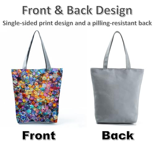 Bolso tote para mujer con estampado de gemas y cristales arcoíris, estilo bohemio, con cierre de cremallera, ideal para viajes, compras y uso diario miniatura 7