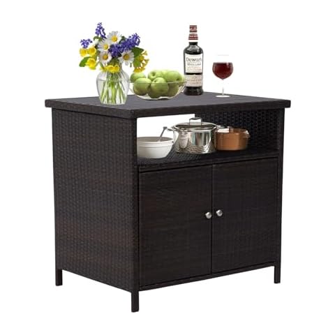 JSUN7 Outdoor Wicker Storage Cabinet - Patio Bar Table with Storage and Doors, Rattan Console Table Buffet Cabinet Sideboard, Outdoor Storage Unit for Patio, Pool, Garden, Kitchen, Dark Brown Cover