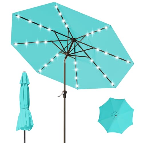 Image of 9FT Patio Umbrella with Solar Lights,Outdoor Market Umbrella with Tilt and Crank, LED Lighted Table Umbrella for Garden,Deck,Backyard,Pool,Beach (Peacock Blue)