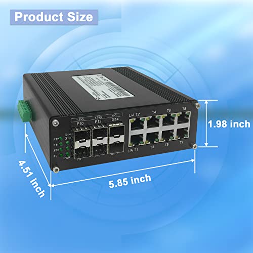 Image of Industrial 14-Port Gigabit Ethernet Switch, Hardened Unmanaged Network Switch Network Splitter with 8 x Gigabit RJ45 Ports, 4 x 1.25G SFP Ports, 2 x 10G SFP+ Ports, Plug & Play, Aluminum Case