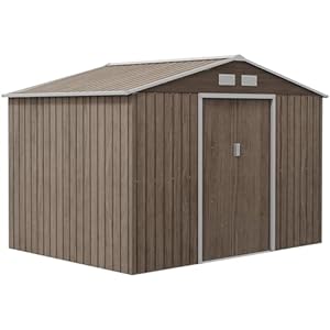 Outsunny Gerätehaus 4,9 m², Gartenhaus mit Pultdach, Schiebetür, Fundament, 277 x 195 x 192 cm, Geräteschuppen aus Verzinkter Stahl, wetterfest, für Garten, Rustikale Holzoptik in braun