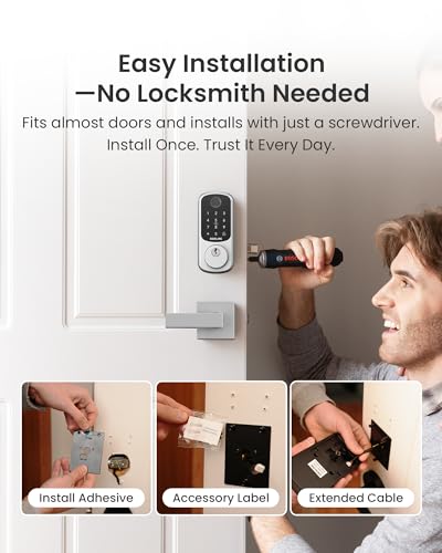 Image of DESLOC B200 Fingerprint Smart Lock with 2 Durable Lever Handles, Keyless Entry Front Door Lock Set, Electronic Keypad Deadbolt, App Control, DIY Installation, Designed for a Secure DESLOC Home, Silver