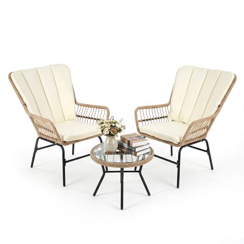 COSTWAY Salon de Jardin 3 PCS en Rotin PE, Ensemble de Meuble Bistro avec Coussins et Table Basse en Verre Trempé, Mobilier D’extérieur pour Véranda...