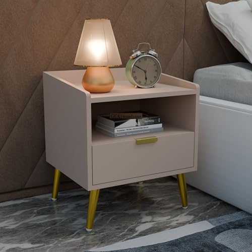 Image of Wooden Bedside Table for Bedroom | Wooden Bed Side Nightstand Lamp Table with 1 Drawers & Open Shelf Storage for Home & Hotels | HDMR Premium Wood & Iron Legs|Light Beige(Pack of 2)