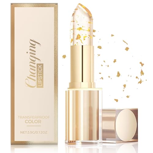 Cambia de Color Pintalabios con Lámina Dorada, Lápiz Labial Colores Mágicos que Cambian de Temperatura, Barra de Labios Larga Duración Hidratante PH, Translúcido Bálsamo Labial Oro para Mujeres (2)