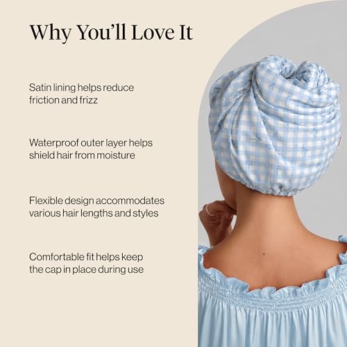 Image of Kitsch Luxury Satin-Lined Flexi Shower Caps for Women Reusable Waterproof - Large Wide Shower Cap for Women & Men, Adjustable, Stylish Hair Cap for Showers, For Long & Short Hair - Gingham Blue