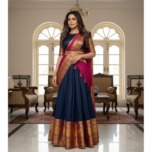 Image of RENVAANI Women's Traditional Kanjivaram Kanchipuram Silk Unstitched Lehenga Choli with Dupatta (PGREEN MAROON)