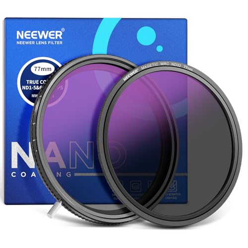 NEEWER 77mm Filtro True Color HD ND Variabile ND2-512 (1-9 stop), Filtro VND e ND32 Magnetico per Obiettivo, Filtro a Densità Neutra Multistrato Senza Cambiamento di Colore/Croce X/Vignettatura