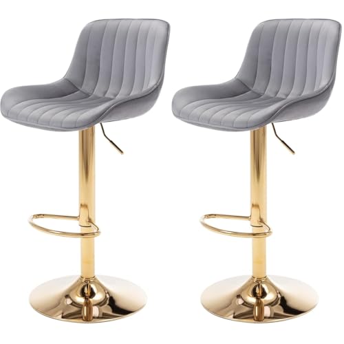 Drmilito Juego de 2 Taburete de Bar de Terciopelo Taburetes Altos de Cocina Regulables en Altura 60-82cm Giratorio en 360° con Respaldo y Reposapiés Base Dorada Sillas de Bar (Gris)