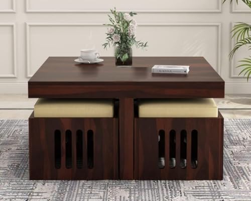 Image of Soild Sheesham Wood Centre Coffee Table with 4 Stools for Living Room Hall Bedroom Office|Wooden Center Coffee Table for Outdoor Garden Home | (Walnut2)
